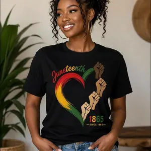 Women's Fitted Cotton Shortsleeve Casual Fabric Juneteenth 1865 Heart Fists T-shirt - Black History Freedom Celebration Gift for Her