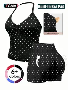 Fashionable Sports Set for Fitness Enthusiasts, Polka Dot Print Halter Top and Shorts, Summer Gym Yoga Running