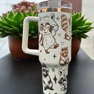 Trash Panda Raccoon Laser Engraved Tumbler - Cute Raccoon Design with Heart Pattern, Ideal for Bottle Drinkware
