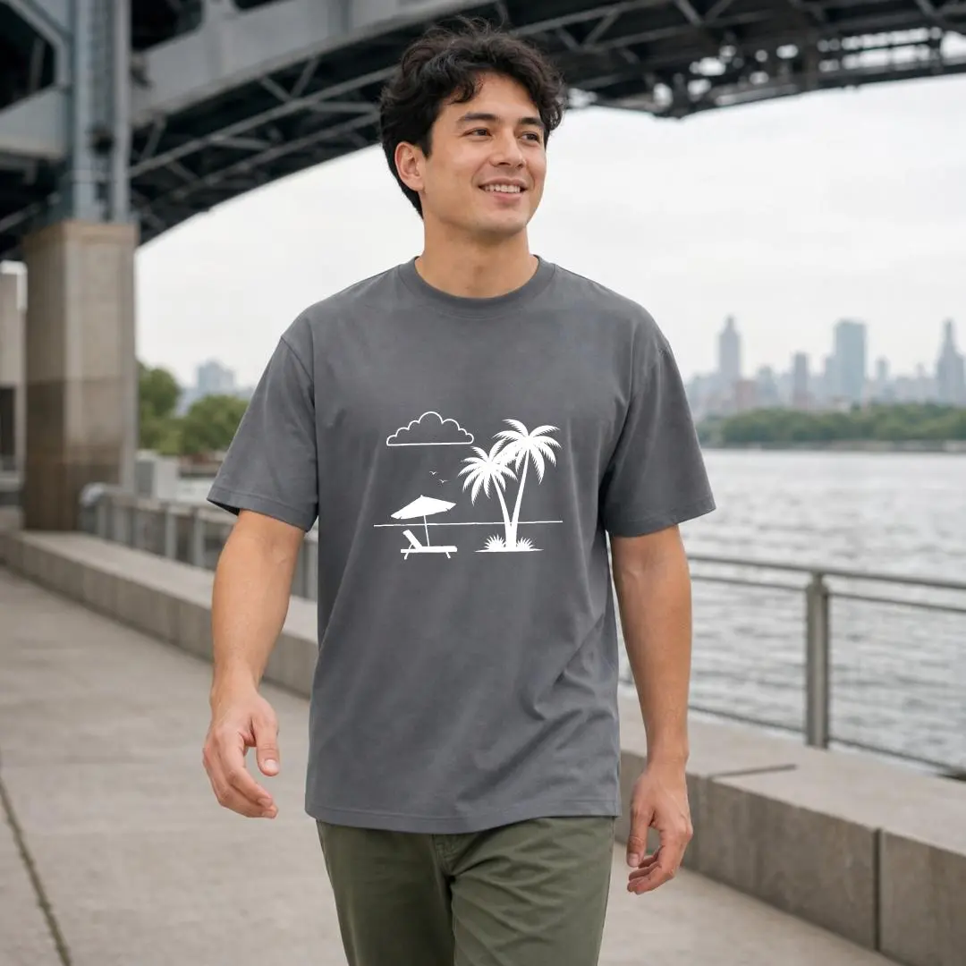 XTAUTO Menswear Cotton Short-Sleeve T-Shirt - Unisex Casual Tops with Tropical Palm Trees & Beach Umbrella Graphic, Summer Outdoor Wear, Friend & Family Gift
