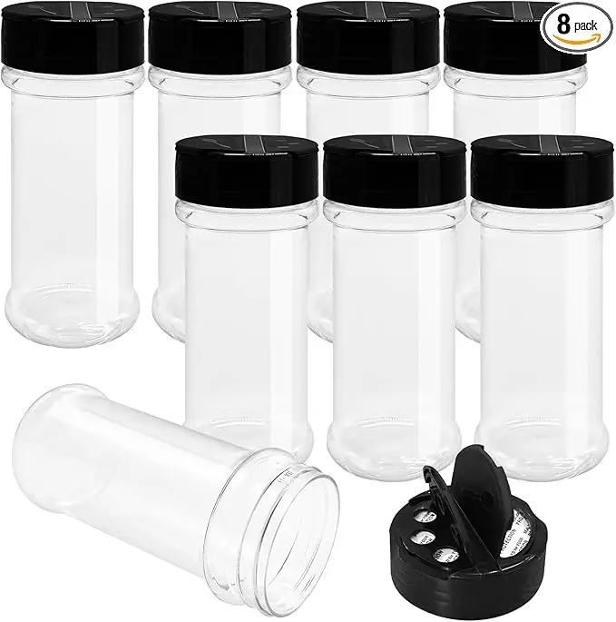 8 Pack 5.5 Oz Plastic Round Spice Bottles with Black Shaker Lids,Reusable Seasoning Containers Jars,Clear Plastic Bottle Containers with Shaker Lids for Powders,Spice,Herbs,Glitters