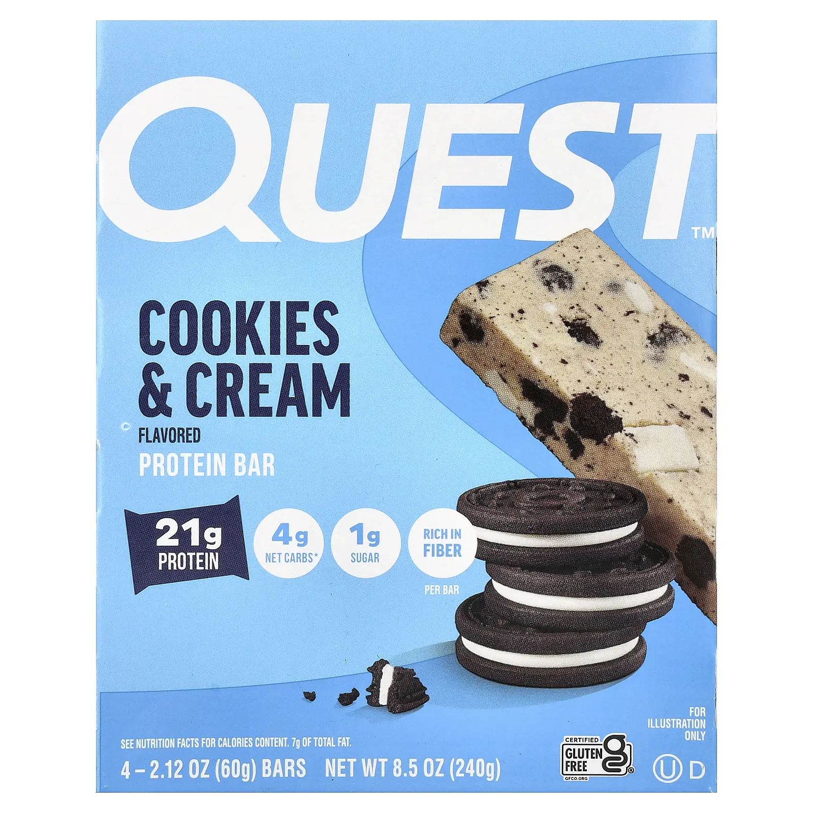 Quest Nutrition Protein Bar, Cookies & Cream, 4 Bars, 2.12 oz (60 g) Each
