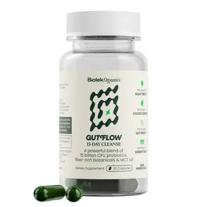 GutFlow 15 Day Cleanse - A Powerful Blend of 15 Billion CFU Probiotics, Fiber-Rich Botanicals & MCT Oil | 30 Capsules - Biotek Organics | Natural Dietary Supplement for Digestive, Gut & Colon Healthcare Support