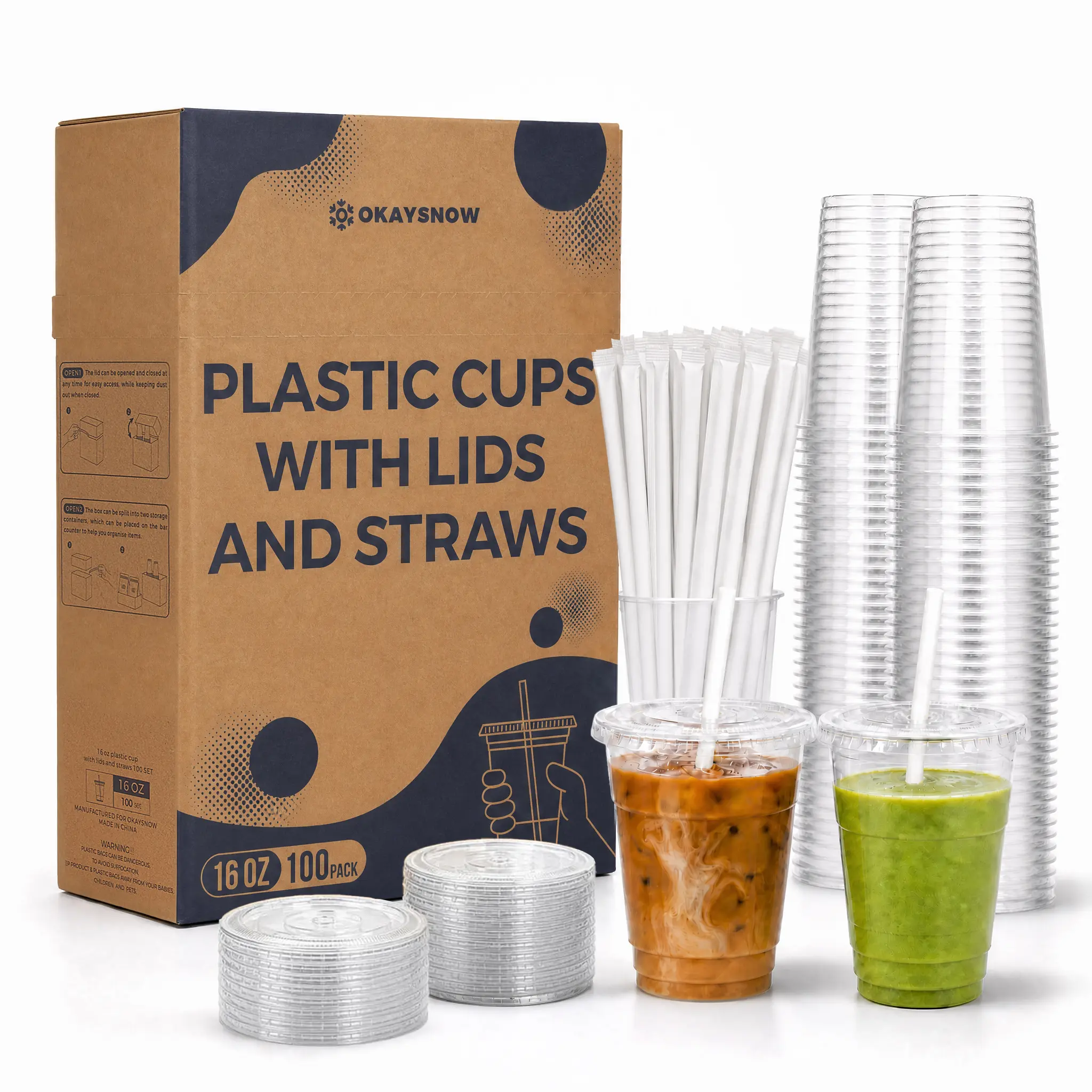 OKAYSNOW 16oz X-Slot Cups with Lids & Straws, BPA-Free PET Disposable Cups for Iced Coffee & Smoothies