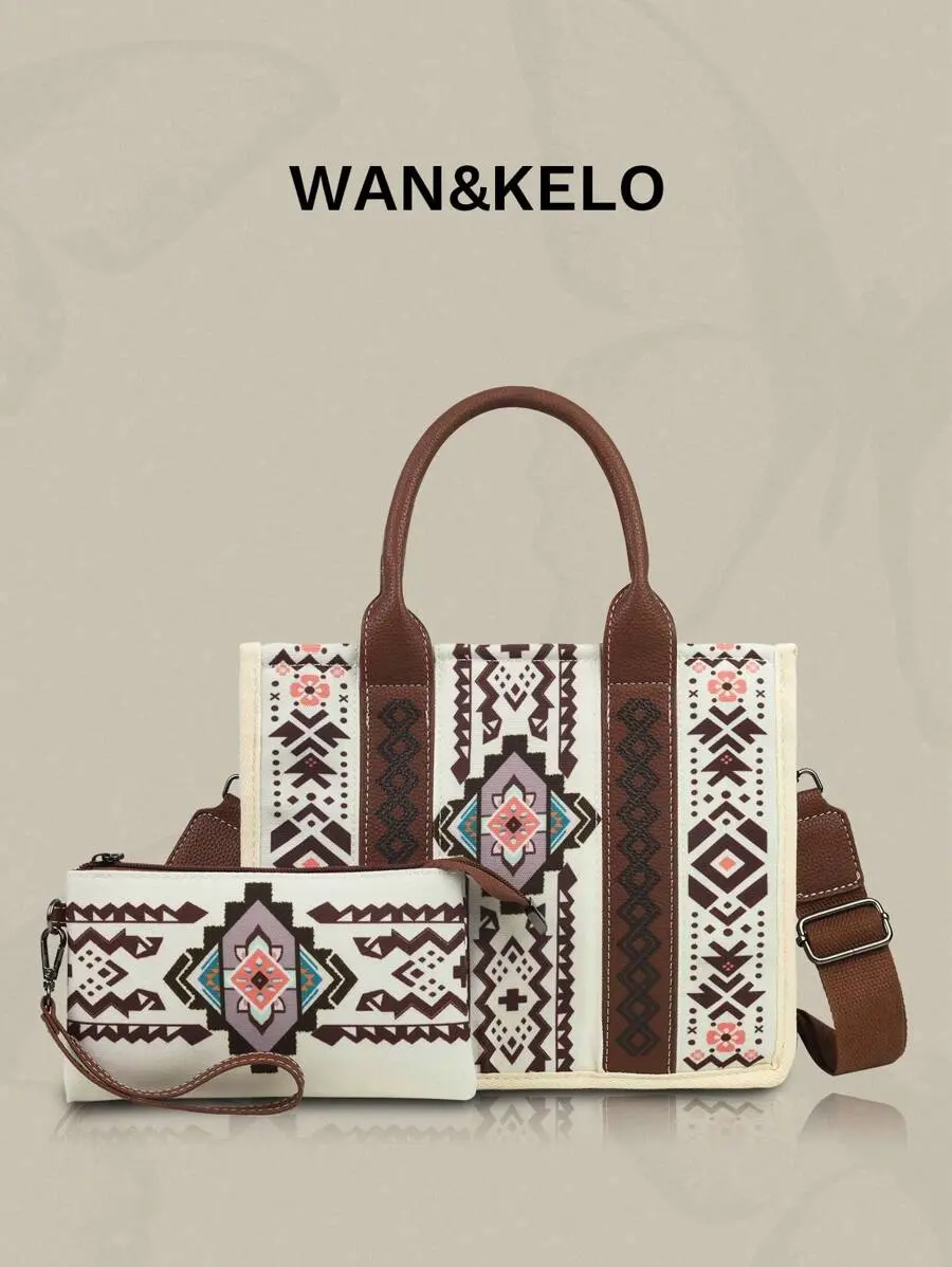 2pcs Boho Tote Bag Set Large Capacity Tassel Handbag & Crossbody Purse For Women, Retro Shoulder Bag For Travel & Work