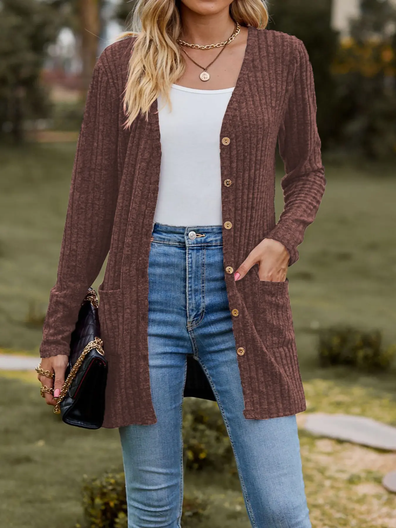 Women's Autumn Winter Button Coat, Fleece Lined Long Sleeve Fitted Cardigan, Elegant Solid Pure Color Polo Style Tops, Stylish Outerwear for Women, Knitwear