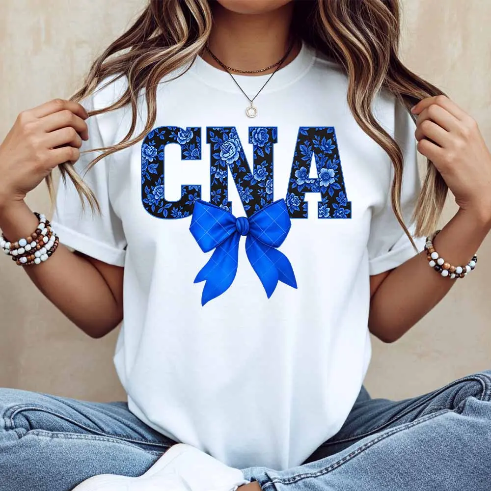 Women's Comfy Short-Sleeve Floral Print T-Shirt with Blue Bow, White Casual Loose-Fit Sports Top for Everyday Wear & Light Activities, Shortsleeve, Round Neck