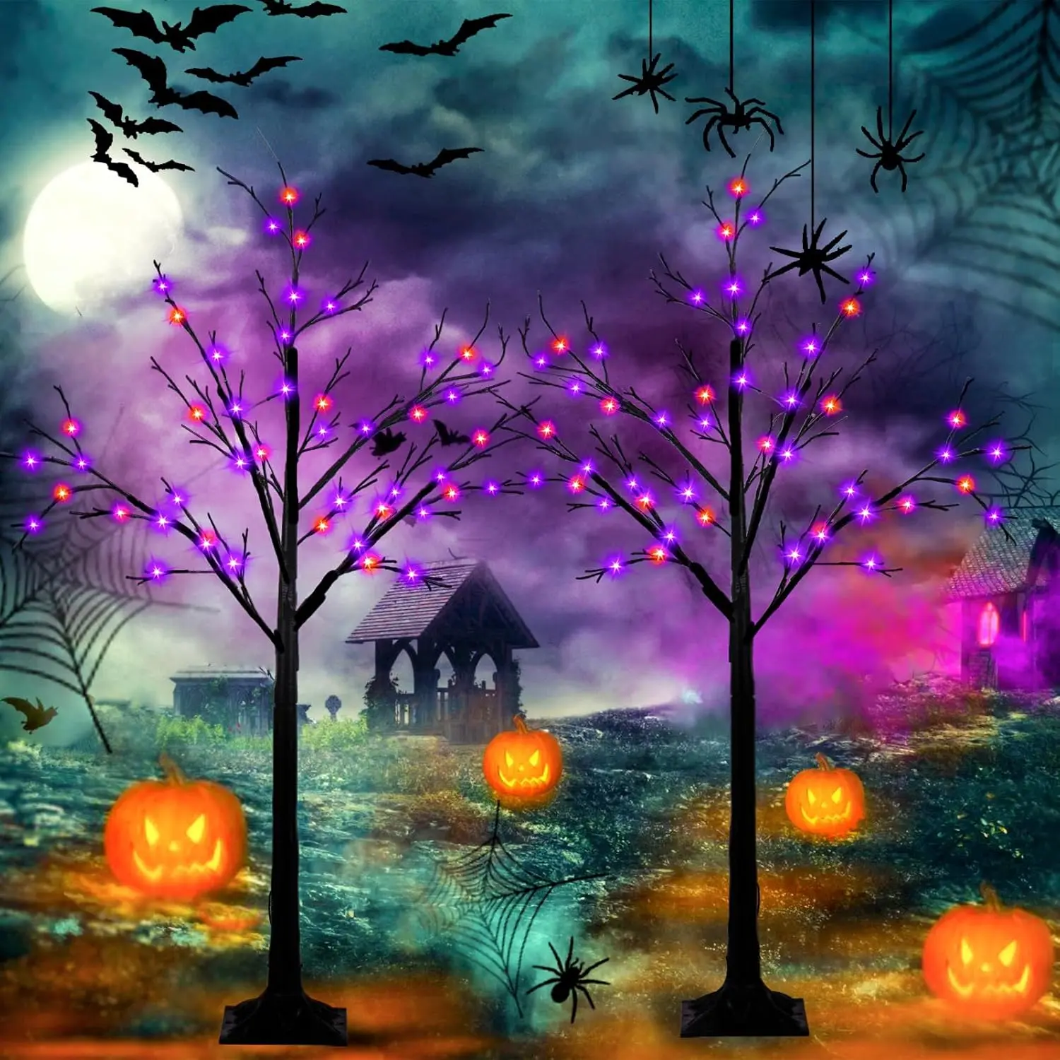 2-Pack 6FT Floor Standing Lighted Black Halloween Spooky Tree with Switch, 288 LED Orange & Purple Lights, Indoor & Outdoor Home Holiday Party Festive Decorations, Led Lights