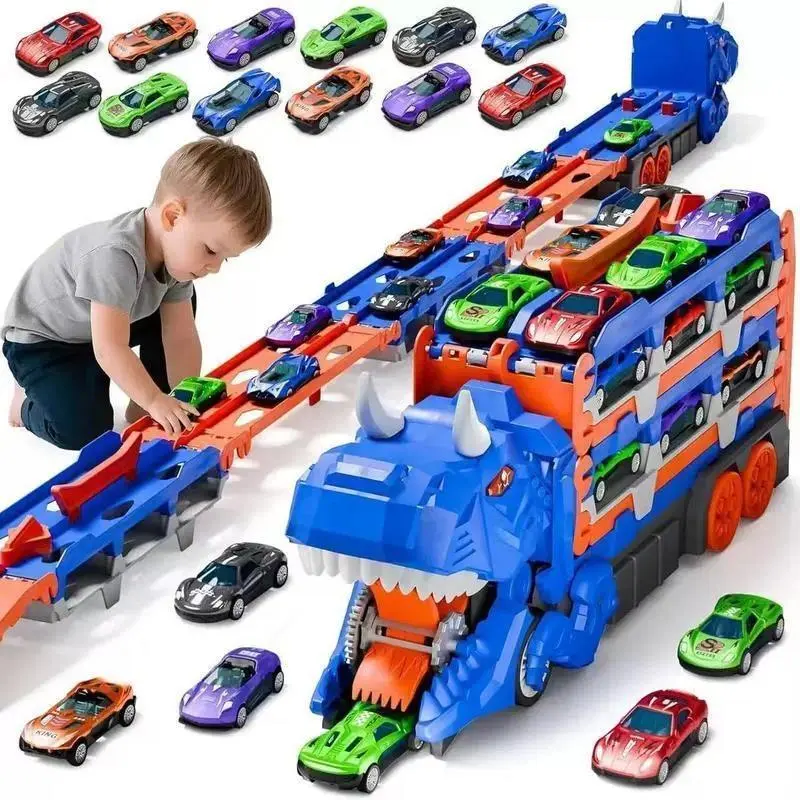 Dino Transforming Dinosaur Transport Truck Toy for Toddlers 12 Die Cast Cars Included Perfect Party Gift for Boys Aged 3 to 6 Imaginative Play Toy for Young Children