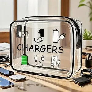 Large-capacity PVC Waterproof Cosmetic Storage Bag, Travel Cosmetic Bags, Makeup Organizer Pouch, with Data Cable Patterns, Reminder to Carry, Tight Zipper Closure, Suitable for Home and Travel Storage, Holding Cosmetics, Toiletries, Data Cables