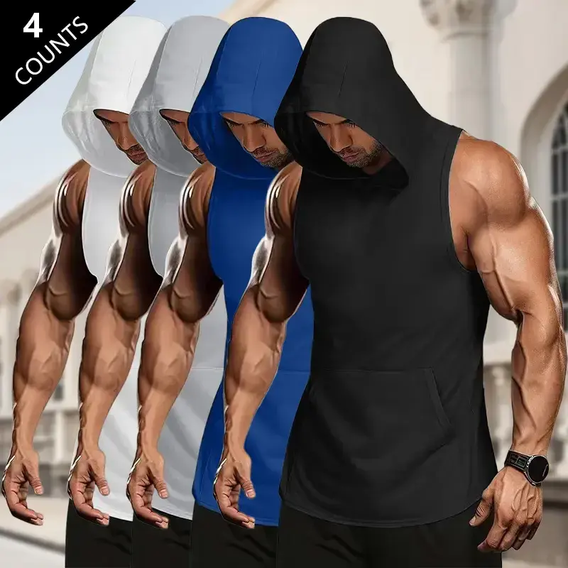 Men’s Sports Casual Hooded Tank Tops, 4-Pack – Lightweight polyester fabric with kangaroo pockets, regular fit short-sleeve tops suitable for gym workouts, running,  activities; casual | sporty | sleeveless pullover tank tops tees white streetwear shirt,,