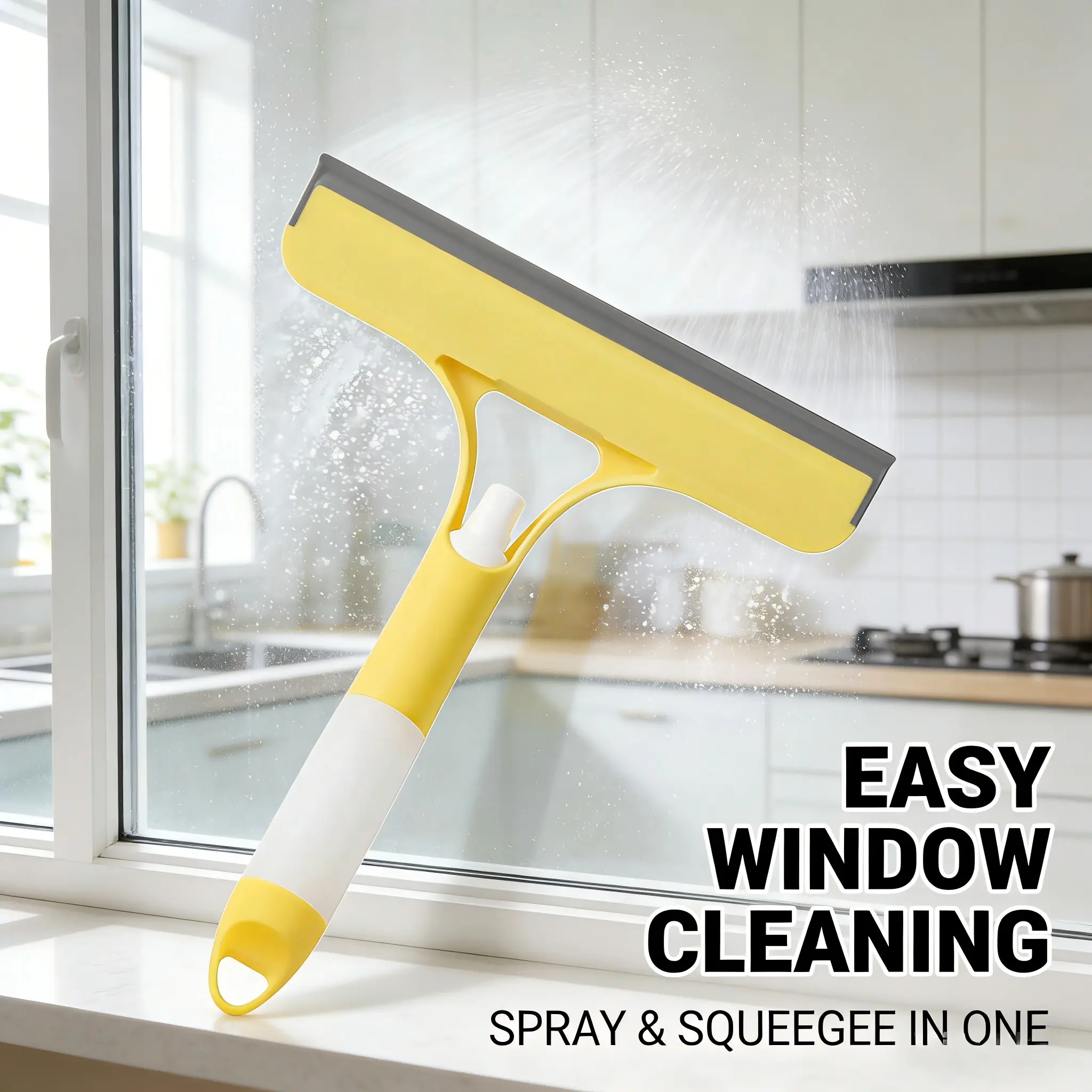 Functional 3-in-1 Plastic Handheld Cleaner - Stiff Bristle Squeegee, Spray+Scrub, Durable Silicone Microfiber Wipe, Lightweight Unit for Household Kitchen & Window Walls, Easy Window Cleaning, Customer Service Assurance