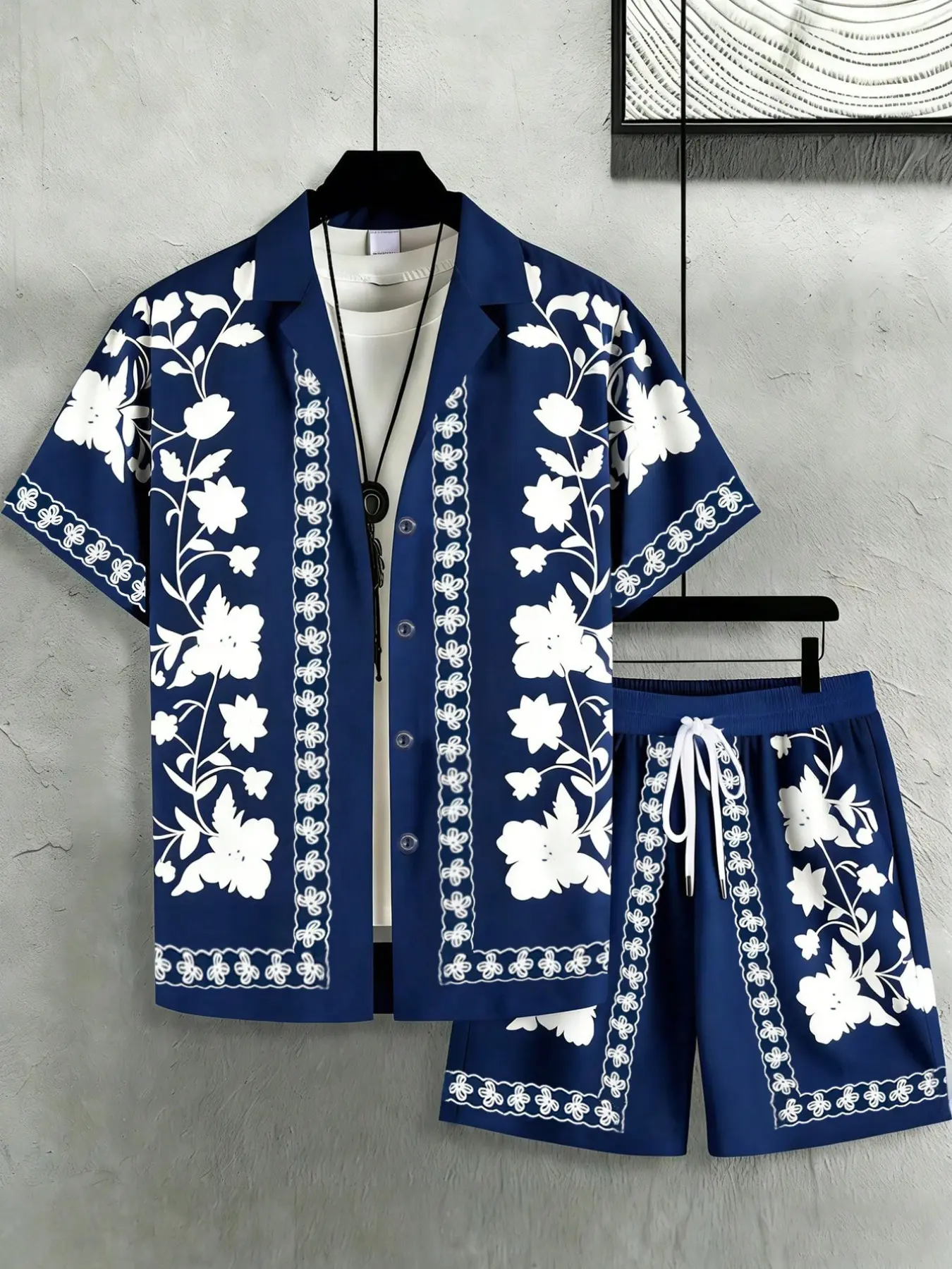 Men's Sleepwear Pajama Set Floral Print Suit Collar Short Sleeve Shirt, Dual Pocket Drawstring Shorts, Knit Fabric, Spring Summer, 2-Piece Set