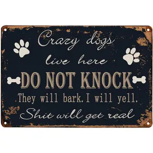 Crazy Dogs Live Here Do Not Knock Sign Retro Vintage Metal Tin Signs for Lawn Garden Yard House Room Signs 8X12Inch