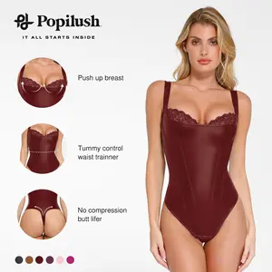 【Runs Small】Popilush Minimalist Faux Leather Corset Top - Sleeveless Bustier Bodysuit Lingerie with Lace Trim Shapewear Tummy Control Womenswear Basic