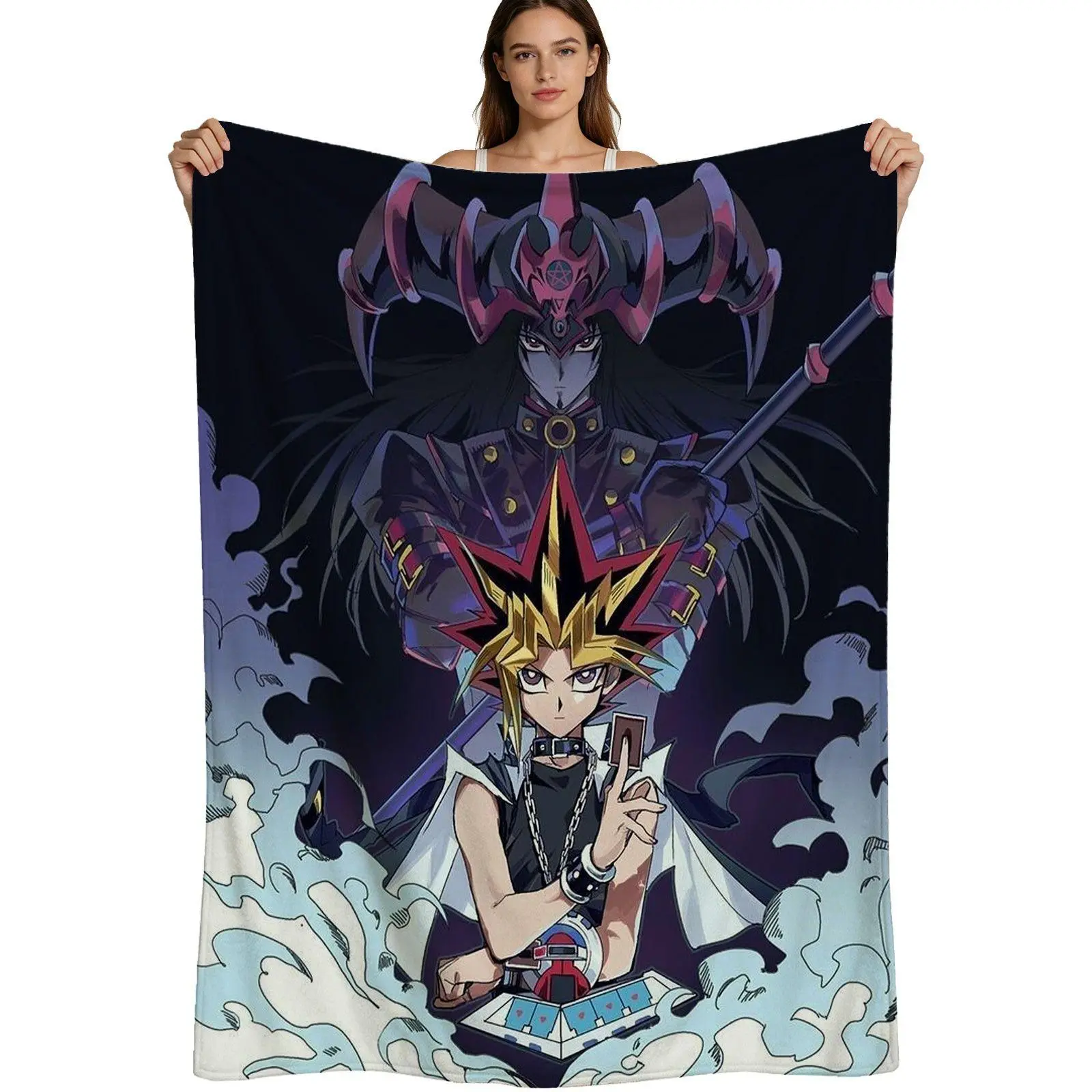 Anime Theme Flannel Blanket - Yu-Gi-Oh Dark Magician & Yugi Muto Print, Anti-Pilling Soft Plush Fabric, Vibrant Design, for Fans & Couch/Bed Use, 4 Sizes Available (Single Pack)