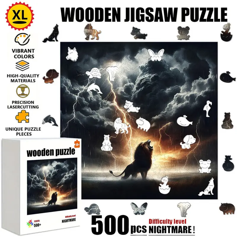 [1 Box(500 pcs)] Lion's Roar Against Black Clouds, Lightning, and Mountain Shadows Wooden Puzzle with Unique Irregular Shapes, Seamless and Tight Interlocking. It is a great gift choice for Christmas, Halloween, or housewarming