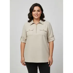 Zip Front Utility Pocket Tunic Blouse XL