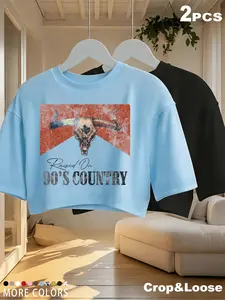 2 PCS 90's Country Bull Skull Crop Tops for Women, Y2K Aesthetic Retro Western Cowboy Print Cropped T-Shirts, Casual Loose Short Sleeve, Round Neck Vintage Graphic Tees, Music Concert Outfit, Daily Wear, Rodeo, Gen Z Fashion Lovers
