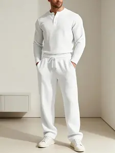 Men's Waffle Knit 2 - Piece Set, Henley Neck Long Sleeve Top with Drawstring Casual Sweatpants, Soft and Comfortable Casual Outfit Suitable for Daily and Home Wear, Stylish Men's Outfit