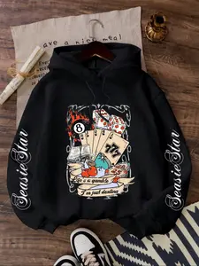 Poker & Dice Graphic Pattern Loose Knit Hoodie with Letter Print Sleeves, Comfortable Casual Style, Easy to Pair with Any, Must-Have Closet Addition, Sweatshirts