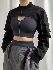 Women's Solid Pocket Zipper Mock Neck Crop Jacket, Designer Jacket for Women, Street Casual Outerwear, Summer Jackets for Women, Women's Clothing for Spring & Fall, Womenswear, Tops