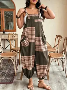 Plus size women's fashionable versatile color-block plaid sleeveless double-pocket cuffed overalls, Womenswear, suitable for summer, daily commuting, casual wear, and vacation