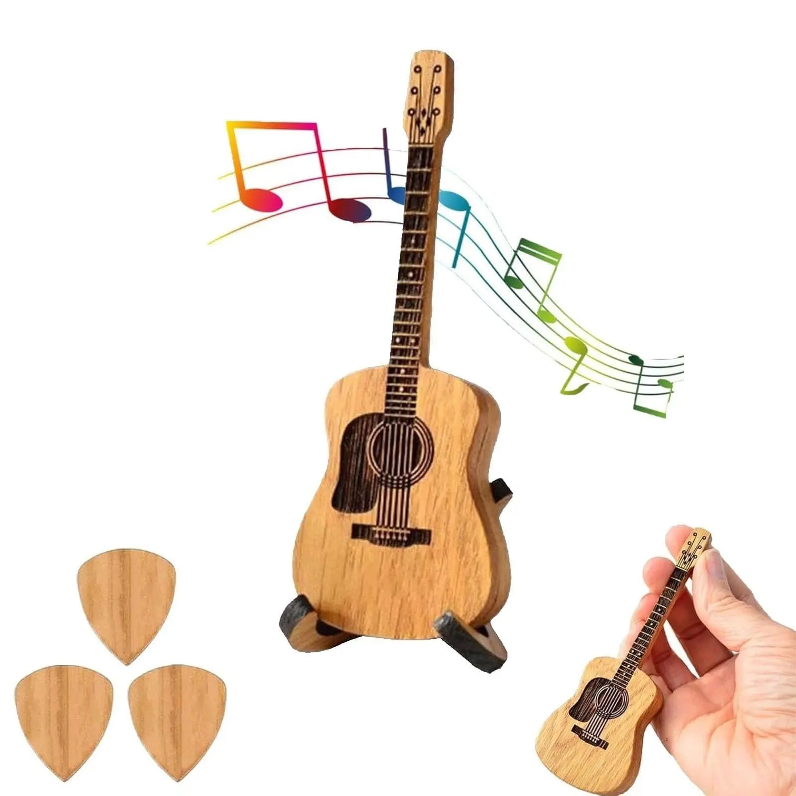 Natural Acacia Wood Guitar Pick Accessory Set - 3PCS with Magnetic Box Hold, Stand, Fits All Gauges, Wooden Picks Add Warm Rich Tone, Portable Gift Ideas for Music Lovers & Guitar Players