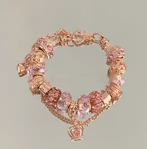 Rose Gold Pink Quartz Crown Bracelet with Sparkling Pink Crystals Princess Style Charm Jewelry for Women Elegant Soft Beads Crown Accents