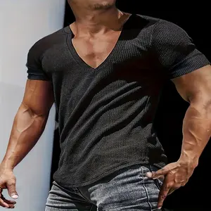 Men'S Plus Size Deep V Neck T-Shirt - Textured Striped Knit Polyester, Slim Fit Short Sleeve Henley Top for Casual Summer Weekend Wear, Wear|Vneck Tshirt|Stretchy Fabric