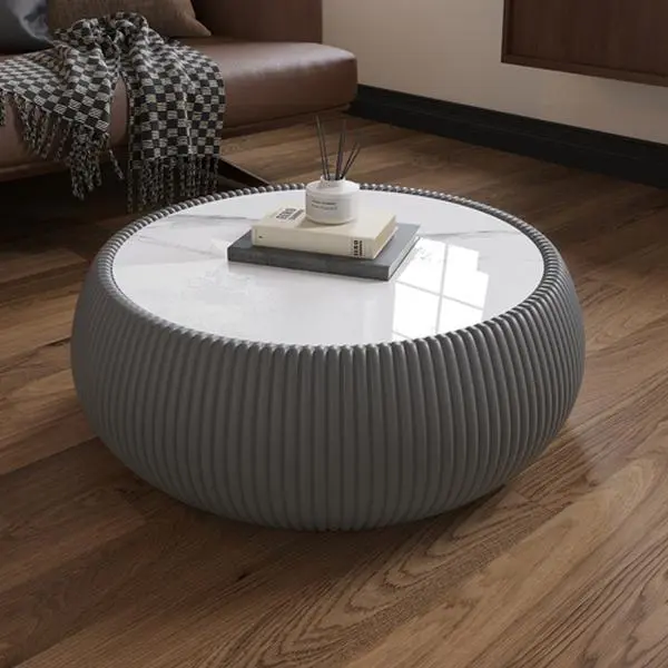 Bellemave Modern Drum-Shape Leather Coffee Table with Light Sintered Stone Top, Grey Pattern Tabletop for Living Room Indoor Furniture