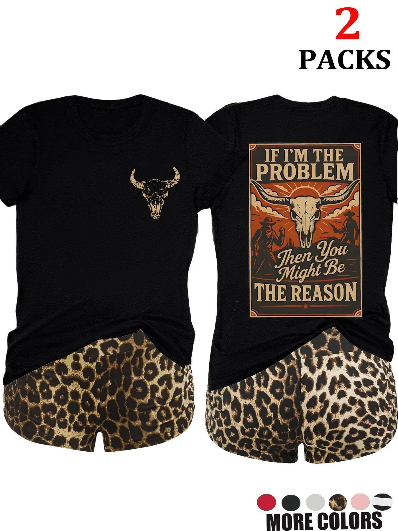 2-Pack Value Set, Two Matching Short-Sleeve Tees, High-Waisted Leopard Print Shorts, Comfortable for Lazy Days, Cozy Nights, Sleepovers, Loungewear, Pajama, Nightwear