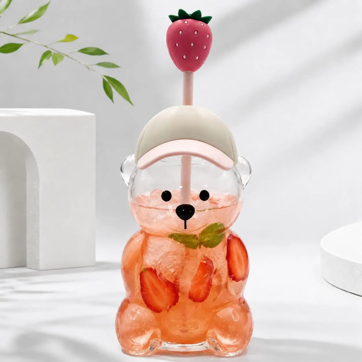 Cute Bear Glass Cup with Strawberry Lid, Kawaii Tumbler for Girls, Aesthetic Drinking Cup with Straw, Adorable Gift for Coffee, Milk Tea and Everyday Beverages