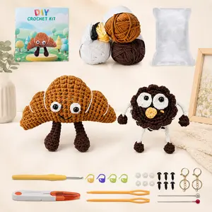 Kawaii Crochet Kit for Beginners, Croissant and Cookie Character Plush Set, Easy DIY Craft Kit with Video Tutorials, Cute Desk Decor or Keychain Project