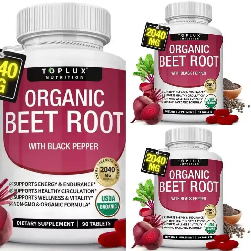 Toplux Organic Beet Root Powder Tablets - 2040mg Natural Nitric Oxide Beets to Support, Energy, Black Pepper Better Absorption, Non-GMO, for Men Women, 90 Tablets