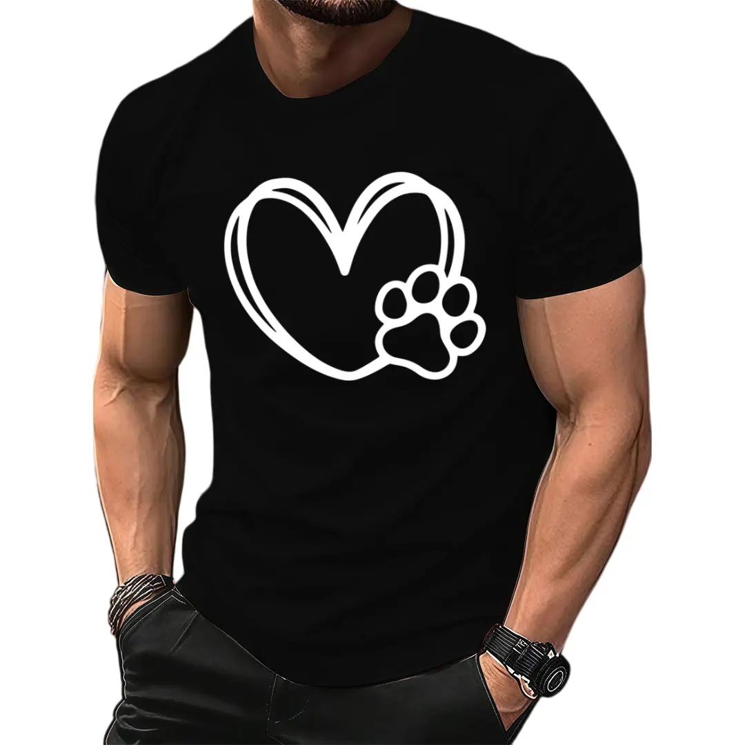 Men'S Casual Sports T-Shirt with Heart & Paw Print, 100% Polyester Crew Neck, Slight Stretch Knit Fabric, Regular Fit, Summer Outdoor Beach Top - 150gsm