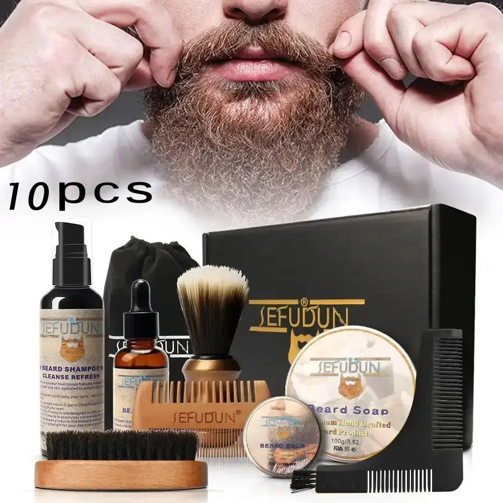 Sefudun Men's Beard Care Gift Set, Beard Care Kit, Beard Grooming Kit, Beard Routine Kit, Includes Beard Soap, Brush, Comb, Balm, Oil, Shampoo, Handbag, Perfect for Father's Day, Boyfriend Gifts