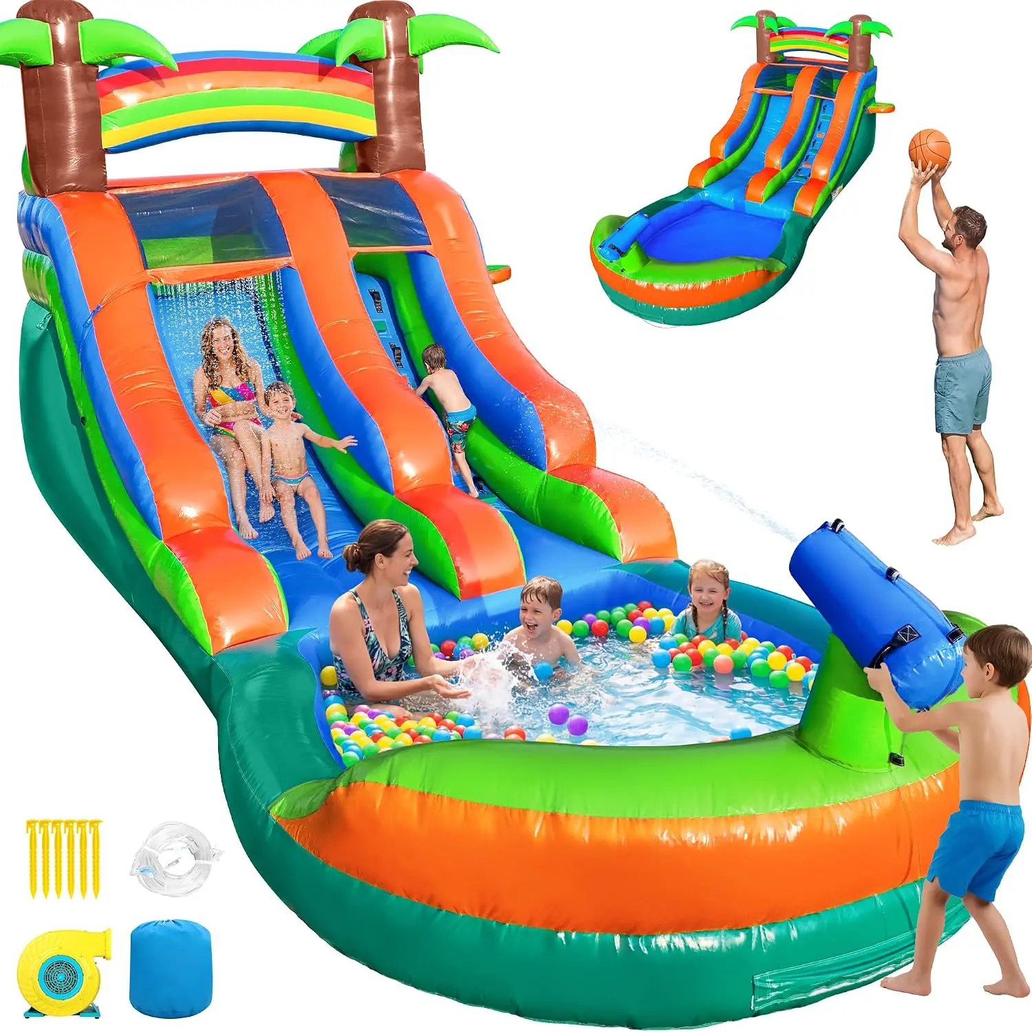 KHUSAFHFBSPORT 21FT Commercial Inflatable Water Silde for Kids Adults, 100% PVC Heavy Duty Bounce House Water Park Slides with Large Water Pool, Waterslide with 750W Blower for Backyard Party, Green