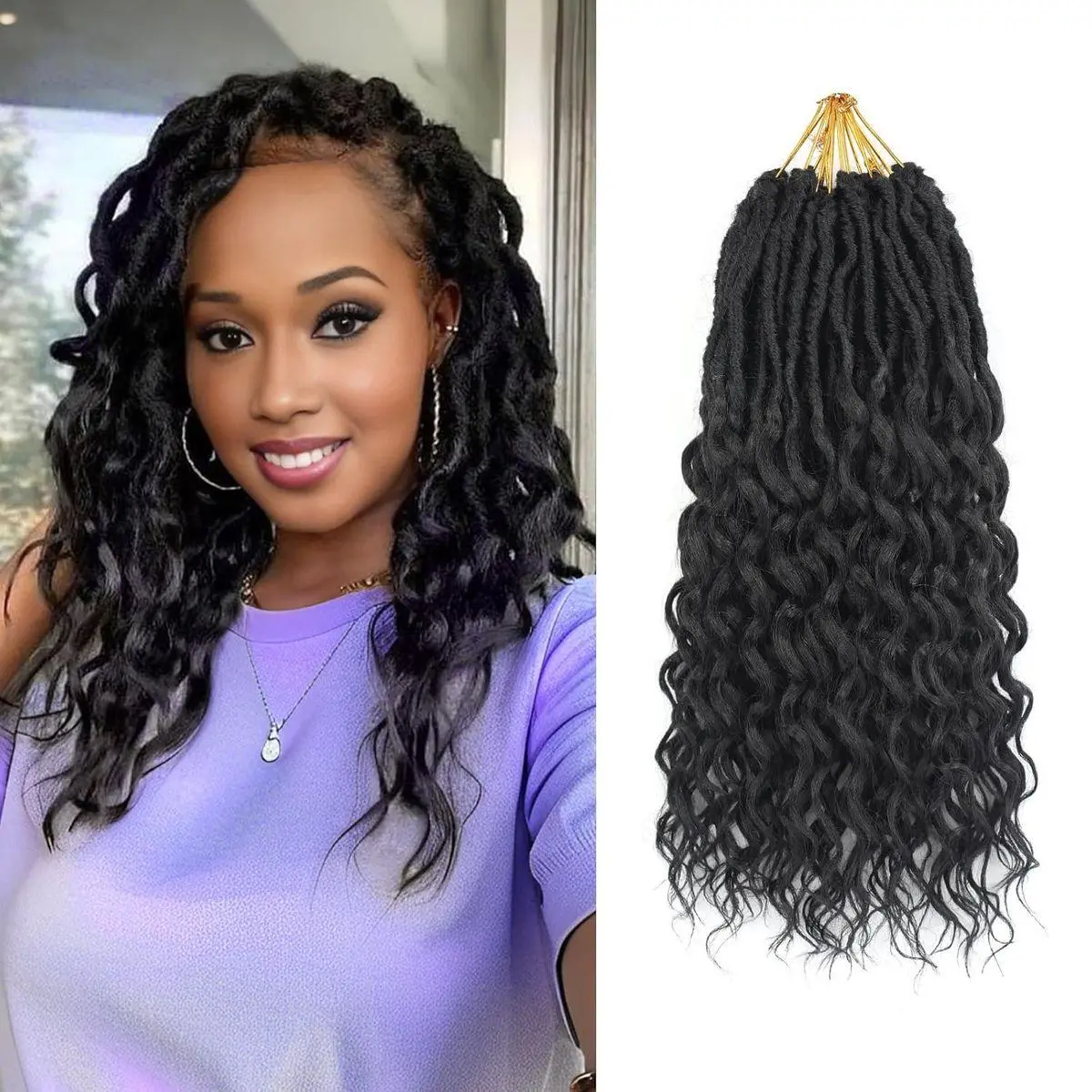 New Goddess Locs Crochet Hair for Black Women - 8 Packs 14inch Faux Locs Hair with Deep Wave Curly Ends | Soft Synthetic Pre Looped Loose Wavy Crochet Braids | Lightweight & Natural Look (14",1B#)