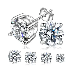 S925 Round Synthetic Moissanite Stud Earrings Daily Costume Jewelry Accessories Perfect Birthday Wedding Anniversary Valentine Festive Gifts for Women Girls