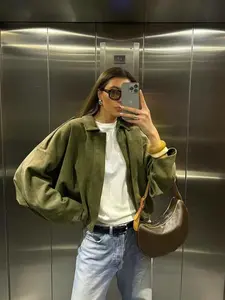 Women's Relaxed Minimalist Suede Jacket Long Sleeves Vintage American Style, Casual Drawstring Commuter Coat for All Seasons, Perfect for Daily Wear Outerwear Womenswear Tops