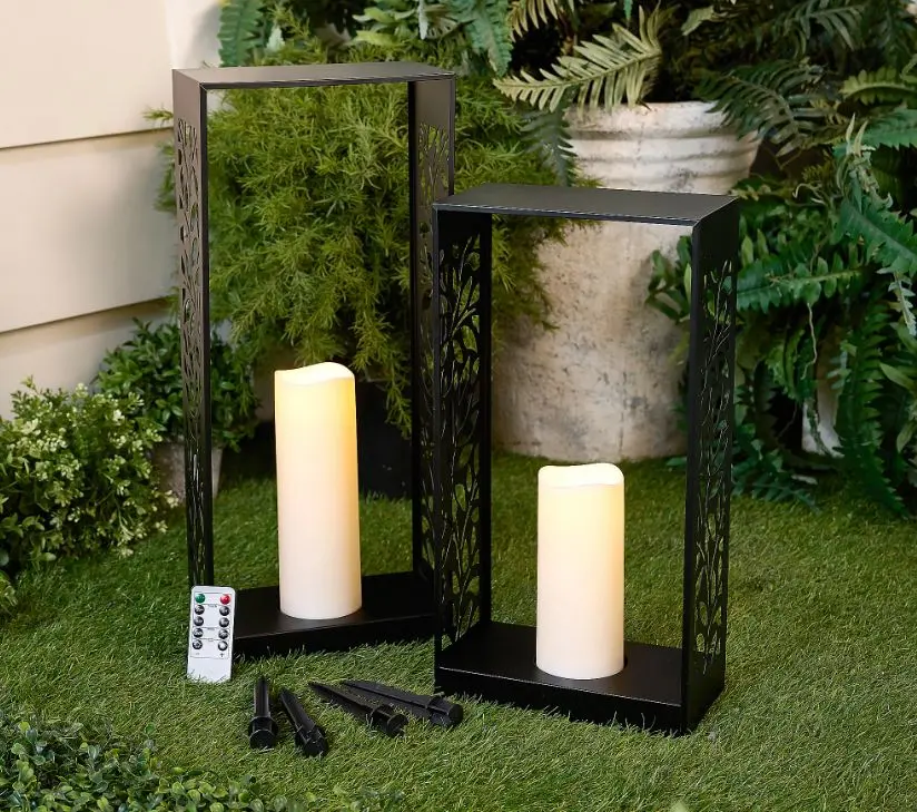 Set of 2 Metal Lanterns with Candles - NEW