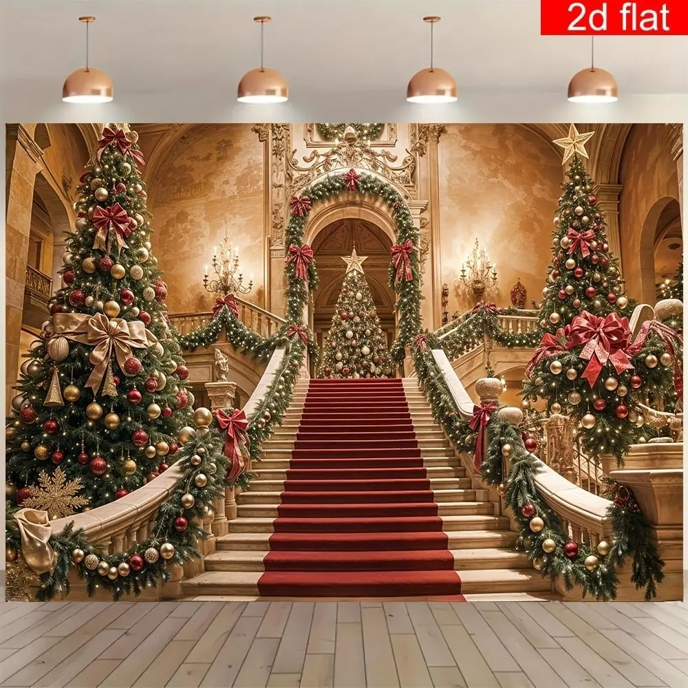 1-Piece Printed Polyester Christmas Wall Hanging Backdrop Banner, Flat Red Carpet-Tree Design Wall Decoration, Durable Bright Indoor Photography Background, Party Decoration Supplies for Holiday Ceremonies