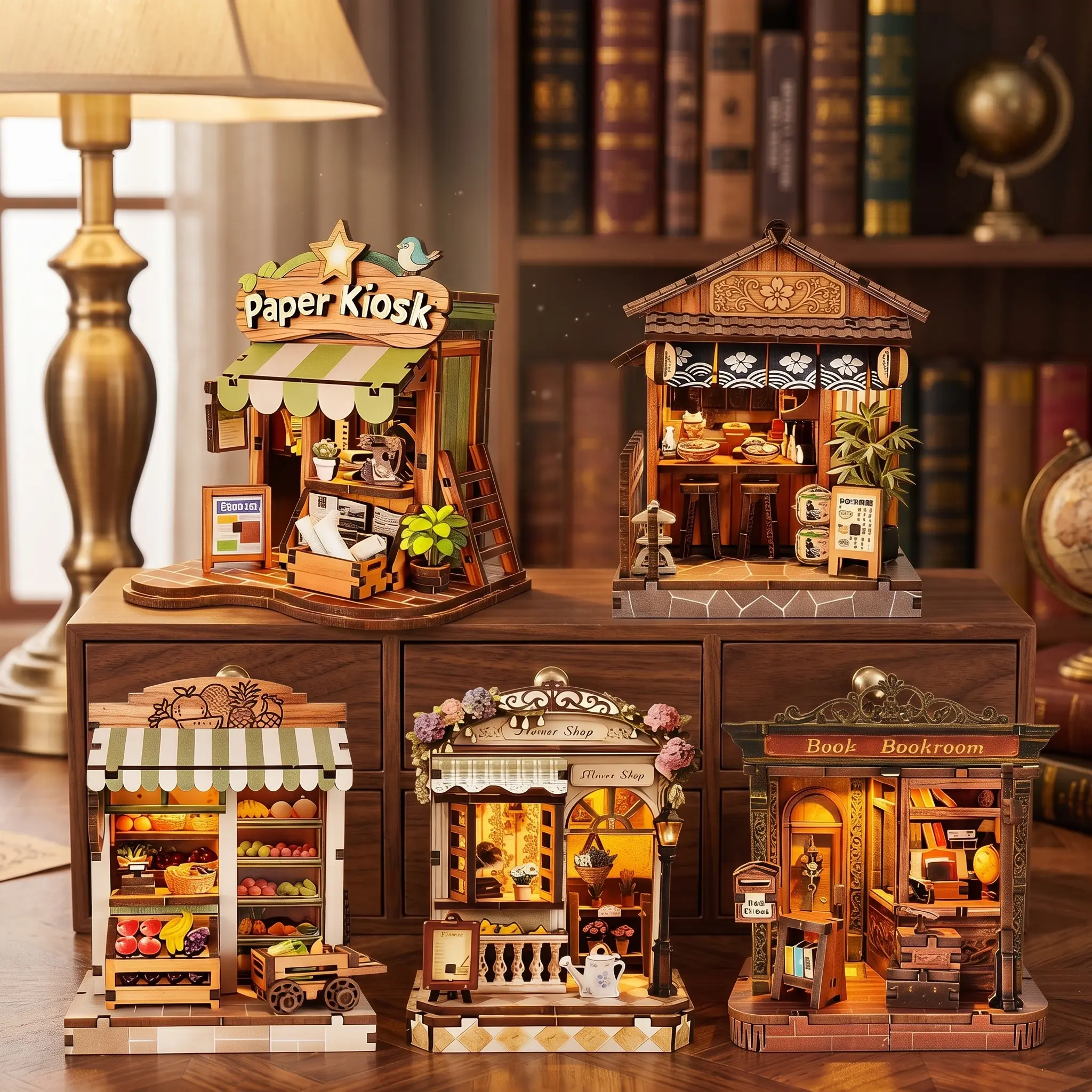 Adult DIY 3D Wooden Miniatures Craft Kit with LED Lights, Easy-to-Build Bookshelf Decor, Handmade Gift for Book Lovers (Includes Wooden Pieces)