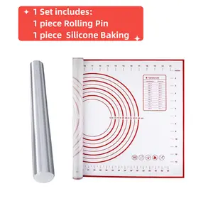 16*24" Large Non-slip Pastry Mat with 15.75" Stainless Steel Dough Rolling Pin Silicone Baking Mat for Kitchen Baking Pastry Bakeware Utensils