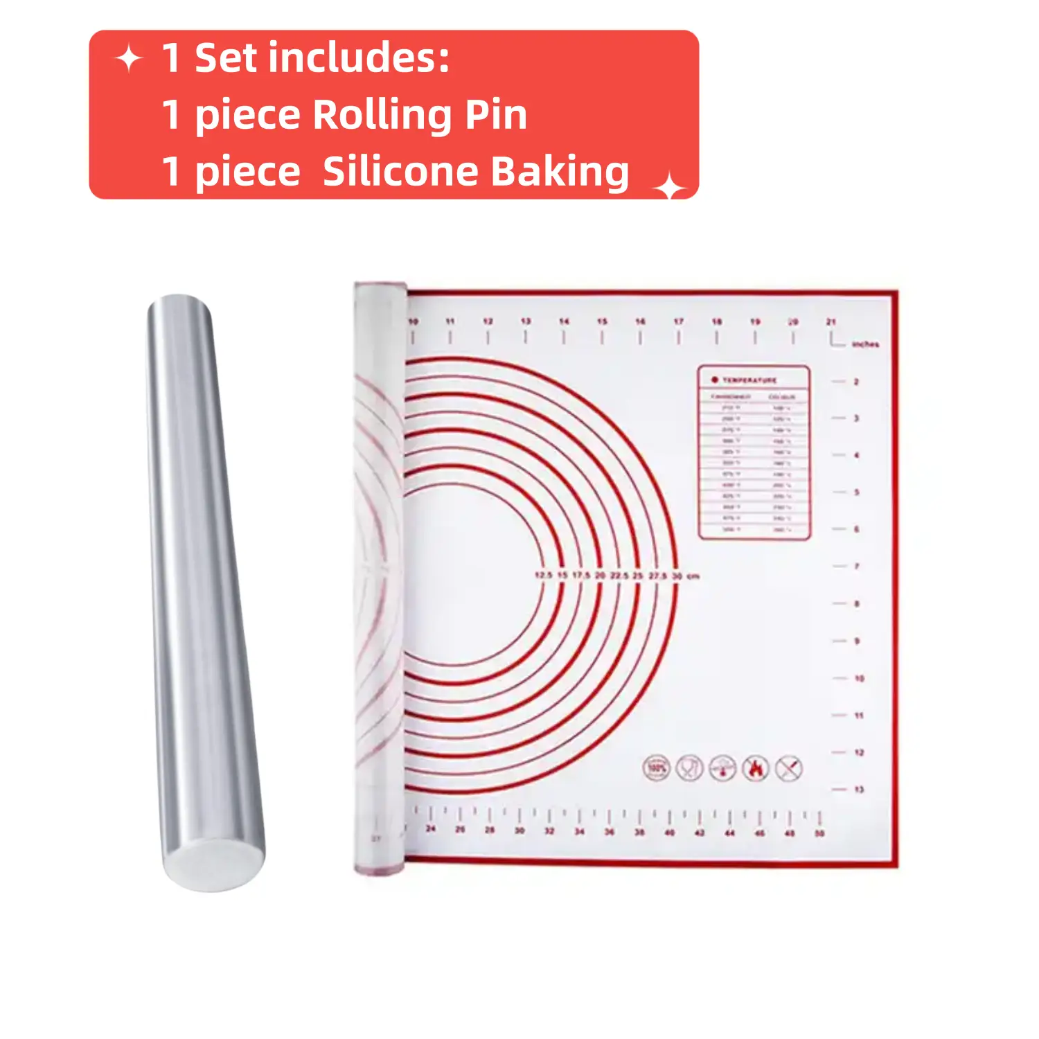 16*24" Large Non-slip Pastry Mat with 15.75" Stainless Steel Dough Rolling Pin Silicone Baking Mat for Kitchen Baking Pastry Bakeware Utensils
