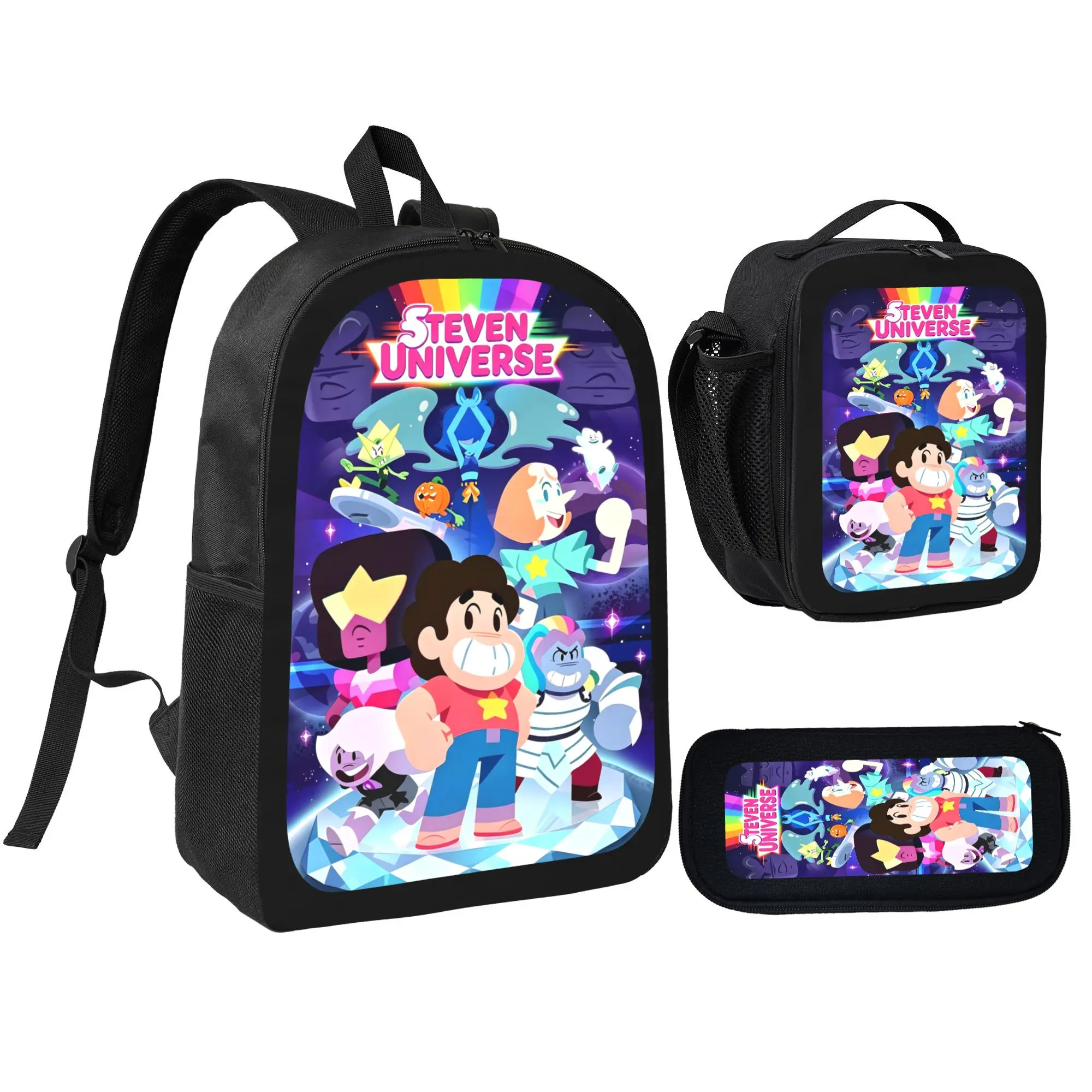 Steven Universe 3PCS Backpack Set - Main Double-Shoulder Daypack, Graphic Cartoon Character Colorful Zipper Bags, Lunch Bag with Side Storage, Lightweight Unisex for Back to School Haul & Casual Outings