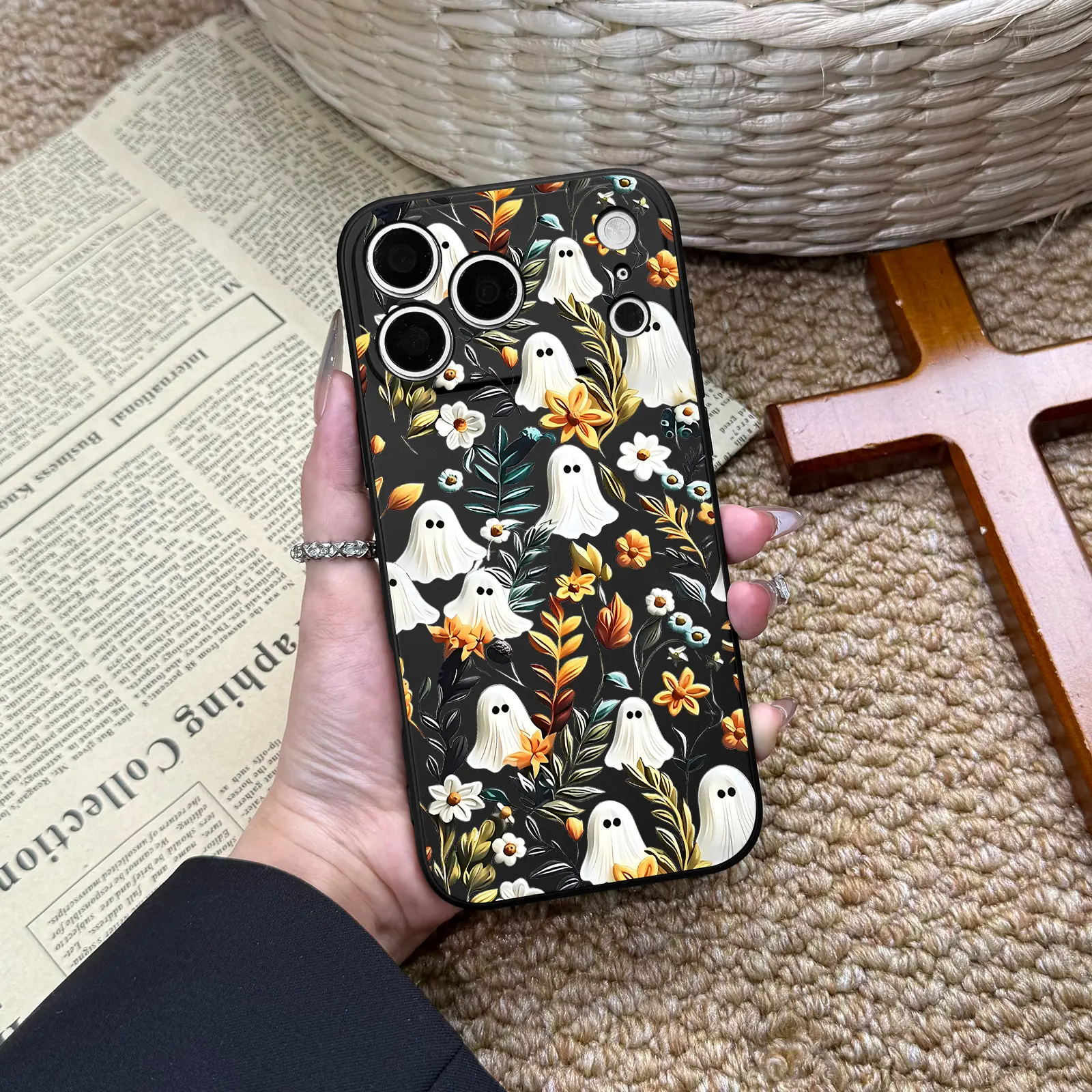 Vintage Autumn Floral Cute Ghost Phone Case, Soft Spooky Cottagecore Aesthetic Halloween, for iPhone 17Pro Max Air 16Plus 15 14 13 12 11 XR XS cases, Tuff phone cases, Shockproof Anti-Drop, Protection Durable Phone Case.WC316