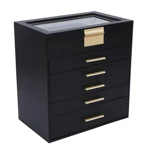 BOOVO Jewelry Box for Women, Black 6 Layer Large Jewelry Organizer with Glass Lid for Necklace, Bracelet, Earrings, Rings Storage, Jewelry Organizers and Storage for Girls Gift
