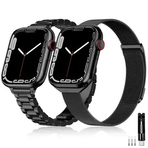 2 Pack Slim Stainless Steel Band & Milanese Mesh Band Compatible with Apple Watch Band 38mm 40mm 41mm 42mm(s10), Thin Metal Replacement Bands for iWatch Series SE 10 9 8 7 6 5 4 3 2 1
